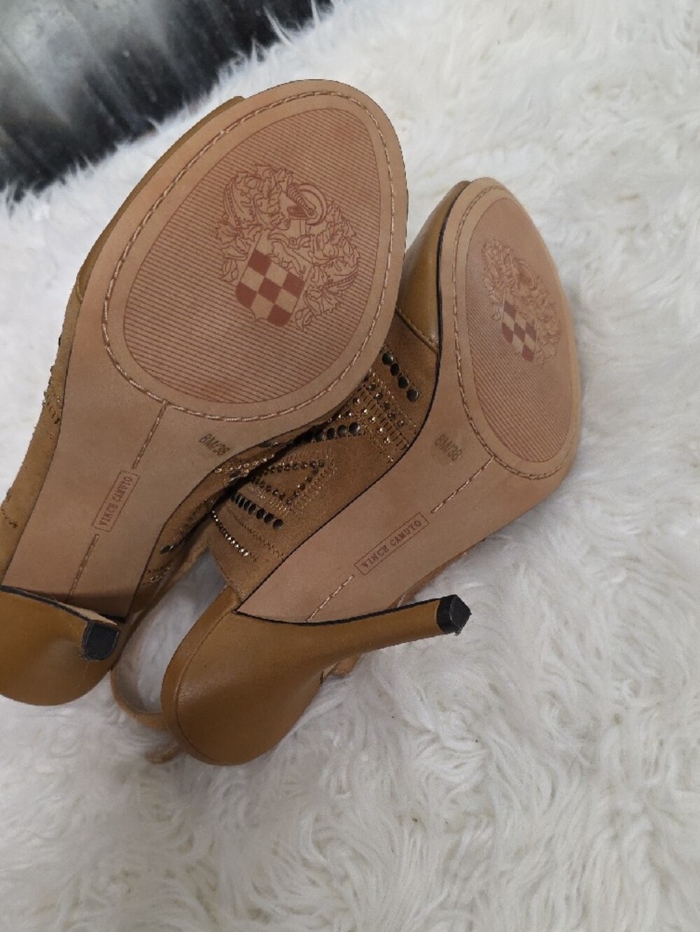 Vince Camuto Tan Studded Peep-Toe Slingback Heels - Picture 5 of 8